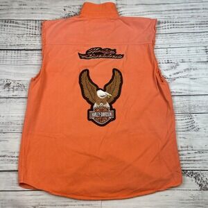 Biker Design Vest Cutoff Shirt Mens 2XL XXL Orange Denim Motorcycle Harley Patch